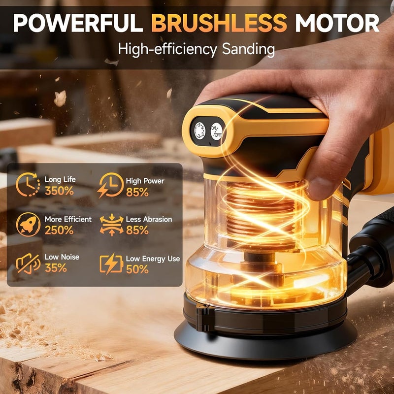 Labfintom Cordless Sander for De-Walt 20v Battery, Random Orbit Sanders Brushless Motor 5 Inch with 6 Variable Speed 9700-19000RPM, 20PCS Sanding Discs & Dust Collector, Electric Sander for Sanding (No Battery) - Image 3